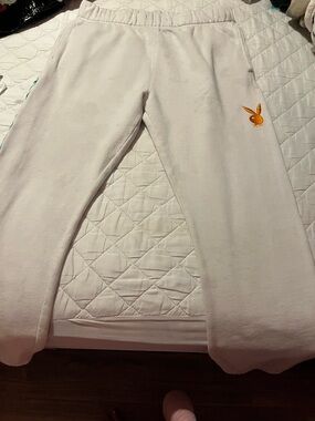 PLAYBOY White Sweatpants with Teal Logo and Orange Bunny